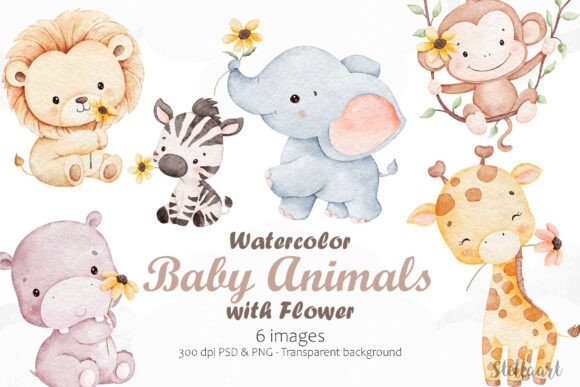 Download Watercolor Baby Animals with Flower - Baby animals Collection